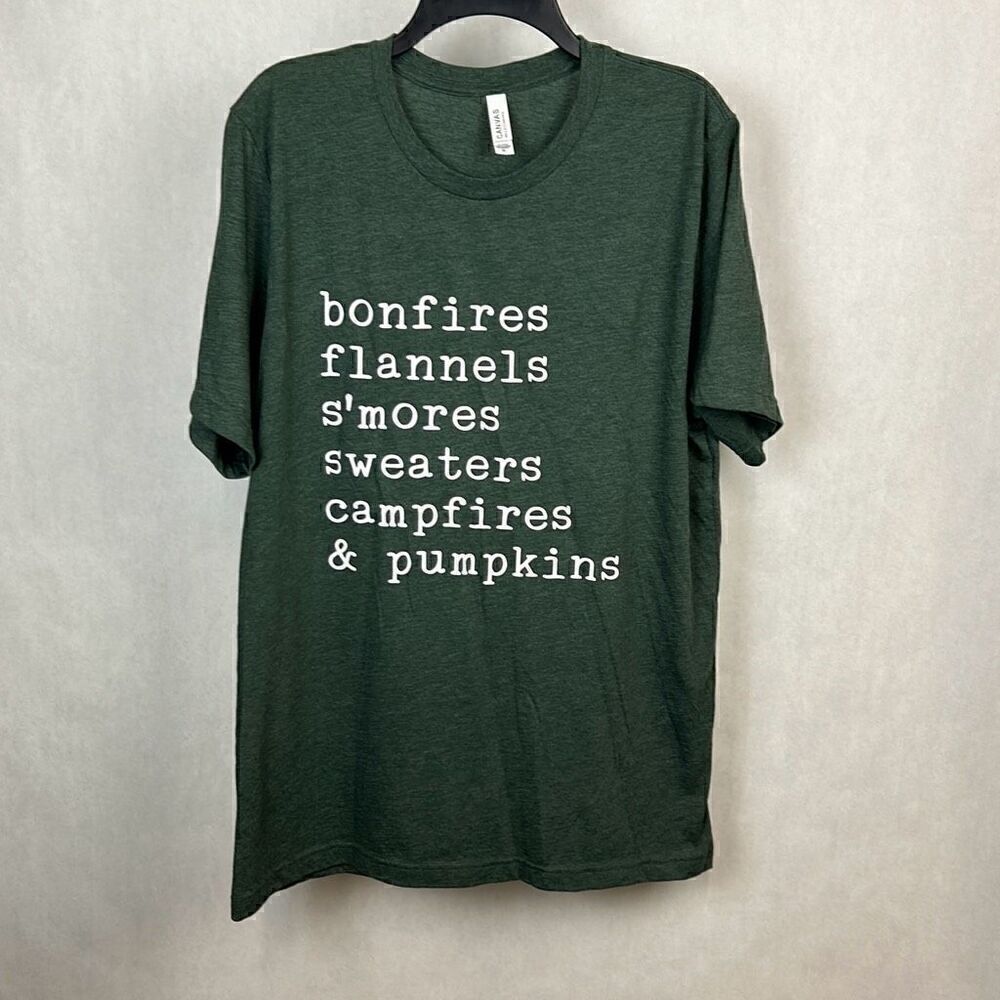 NEW Fall Tshirt Sz XL Green bonfires flannels s'mores sweaters campfires pumpkin